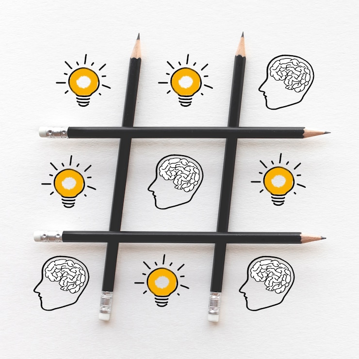 Foto conceitos de inspiração de ideias com cérebro na cabeça e lâmpada