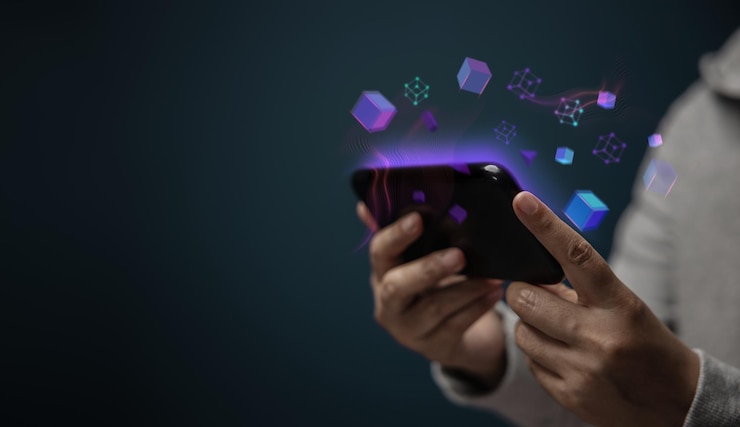 Foto conceitos de tecnologia metaverse web3 e blockchain closeup de mão usando smartphone para conectar uma comunidade ou jogar um jogo virtual nft