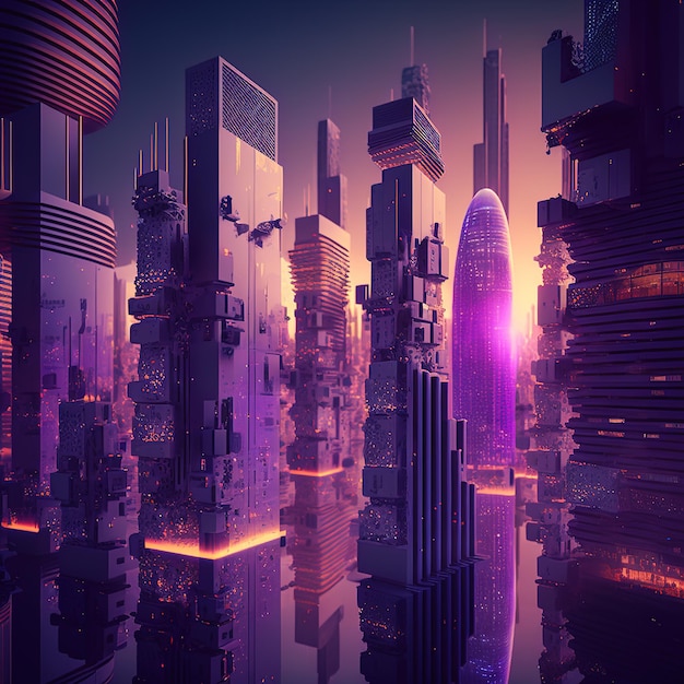 Conceitos de tecnologia urbana e futurista de megacidade techno Ilustração 3D de Internet de cidade inteligente