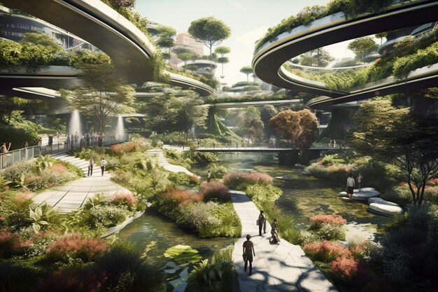 Conceitual de parque público ecológico com energia limpa no futuro Criado com tecnologia de IA gerativa