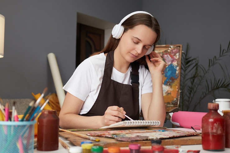 Foto concentrada concentrada mujer artista de cabello marrón dibujando con pinturas sentada en un taller de estudio y escuchando música en auriculares