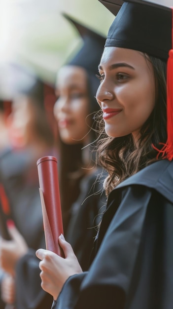 Concentrada mujer graduada con diploma compañeros graduados borrosos en el fondo