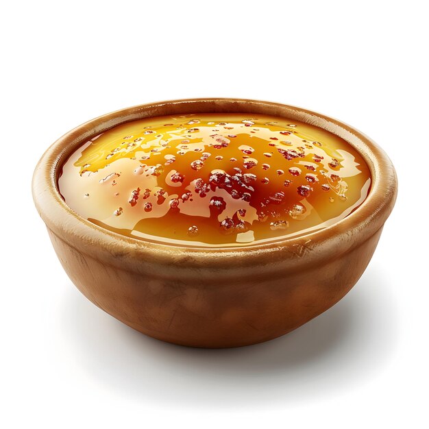 Foto concentrando-se na caramelização do açúcar closeup 3d ícone plano de creme brulee com carameliz dourado