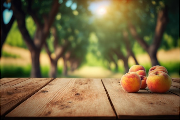 Concentre a fruta de pêssego na mesa de madeira com fundo de pessegueiro desfocado