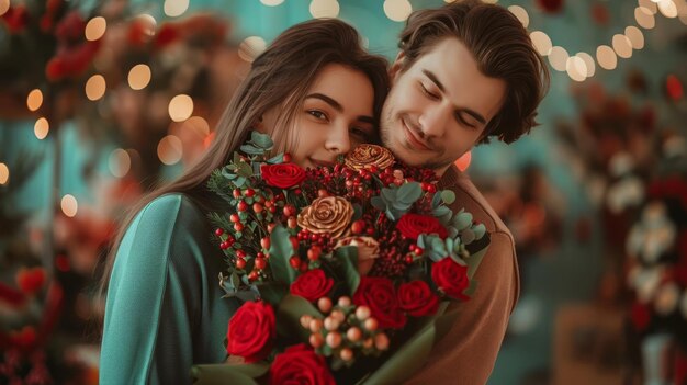 Concentre-se em um homem surpreendendo seu parceiro com flores de Dia dos Namorados em um fundo de loja de flores bonito