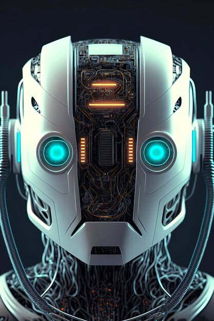 Concentre-se em uma cabeça robótica branca com cabos conectados em fundo preto Generative AI