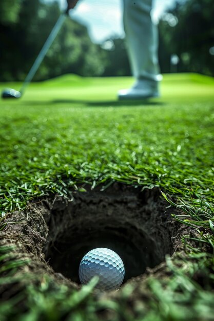 Concentre-se na bola de golfe dentro do buraco com cenário de campo cênico