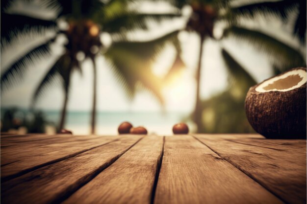 Concentre-se na mesa de madeira vazia com fundo desfocado de coco e palmeira