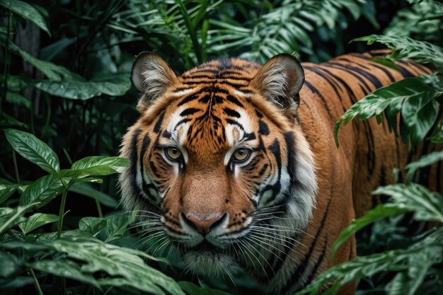 Concentre-se no olhar intenso de um tigre à espreita em meio à folhagem exuberante