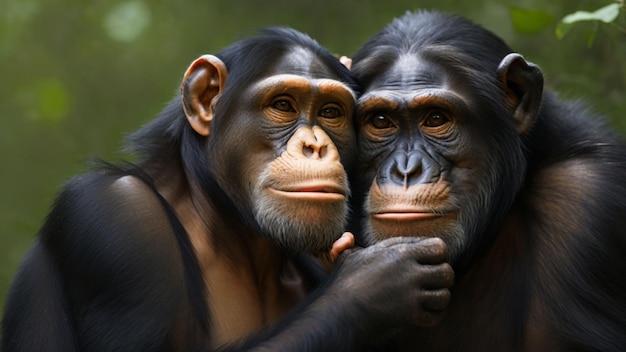 Concentre-se nos detalhes intrincados do comportamento de cuidados de um chimpanzé. Fotografia em close de um chimponzé cuidando de seu filho.