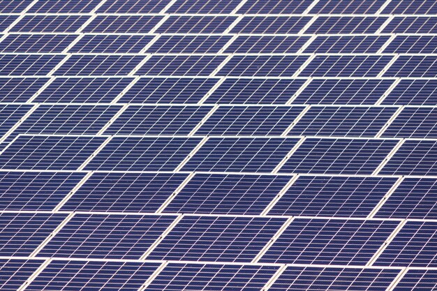 Concéntrese en el frente de paneles solares fotovoltaicos dispuestos. Energía renovable