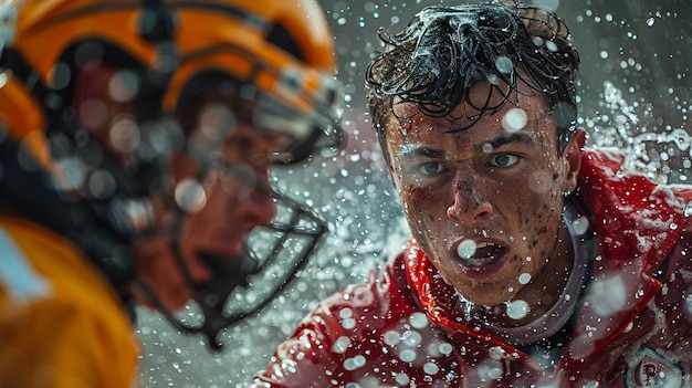 Foto concentro intenso en medio del juego jugador de fútbol en la lluvia