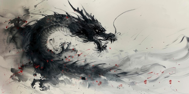 Concepção artística CloseUp de um dragão chinês preto Simplicidade abstrata de tinta parecida com pintura chinesa contra um fundo branco