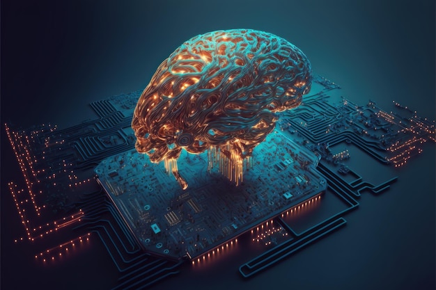 Concepção de chip de computador de cérebro de tecnologia artificial Bela imagem colorida IA generativa
