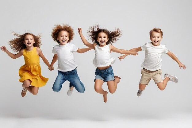 Foto concepção de diversão e movimento da infância crianças felizes pulando sobre fundo branco ai gerado