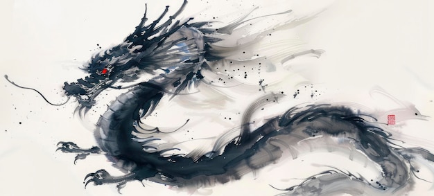 Concepción artística Primer plano de un dragón chino negro Simplicidad abstracta de tinta que se asemeja a la pintura china contra un fondo blanco