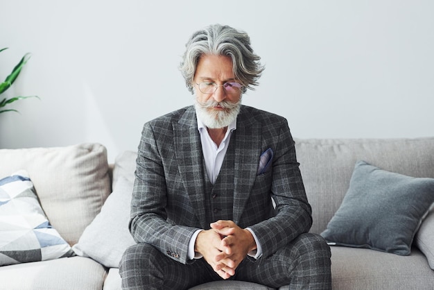 Concepción de estilo hermoso Hombre moderno con estilo senior con cabello gris y barba en el interior