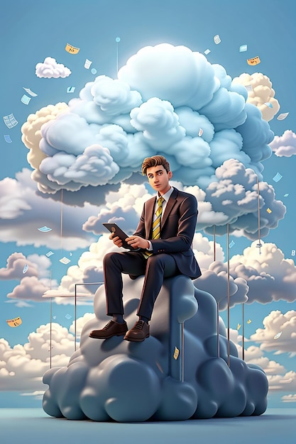 Concept aplicación móvil y servicios en la nube hombre de negocios se sienta en un gran letrero en la nube ilustración 3d