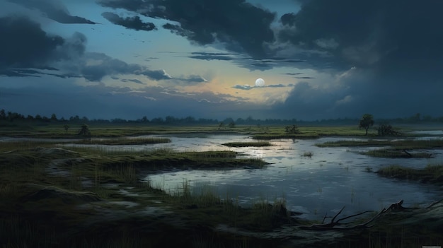 Concept Art Majestic Marsh con el río Éufrates y la luna