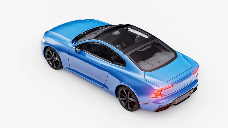 Foto concept car deportivo cupé premium. coche azul sobre fondo blanco. híbrido enchufable. tecnologías de transporte ecológico. representación 3d.