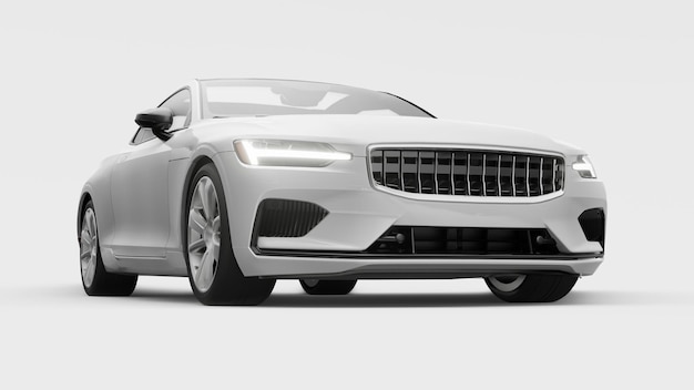 Concept car deportivo cupé premium. Híbrido enchufable. Tecnologías de transporte ecológico. Coche blanco sobre fondo blanco. Representación 3D.