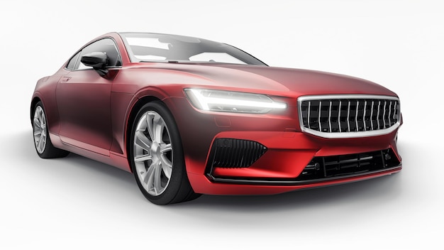 Concept car deportivo cupé premium. Híbrido enchufable. Tecnologías de transporte ecológico. Coche rojo sobre fondo blanco. Representación 3D.