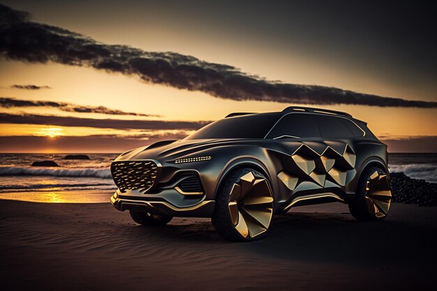 Un concept car volvo plateado en una playa al atardecer.