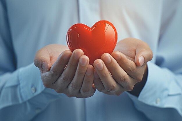 Concept de corazón La mano del hombre sostiene un corazón rojo que simboliza el amor y la salud