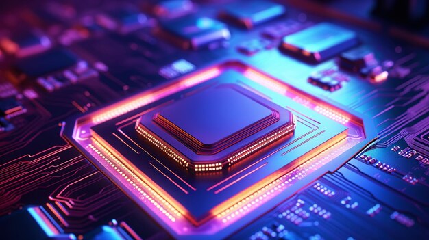 Concept cpu primer plano de un microchip de computadora moderno en una IA generadora de luz de neón