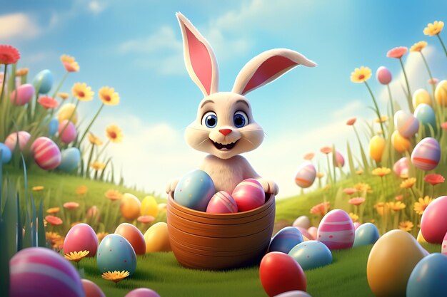Concept de fiesta de caza de huevos diseño feliz de día de Pascua con huevos realistas en la canasta y conejo lindo