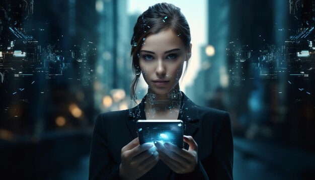 Concept futurista de tecnología de IA Mujer de negocios con un teléfono inteligente con motivos robóticos en negro oscuro y azul claro