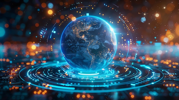 Concept futurista de tecnología de movimiento 3D con globo azul en un mundo cibernético