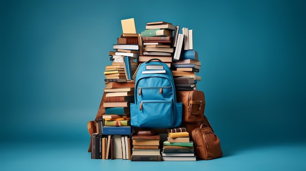 Concept de mochila escolar de regreso a la escuela con libros aislados en fondo azul con espacio para copiar