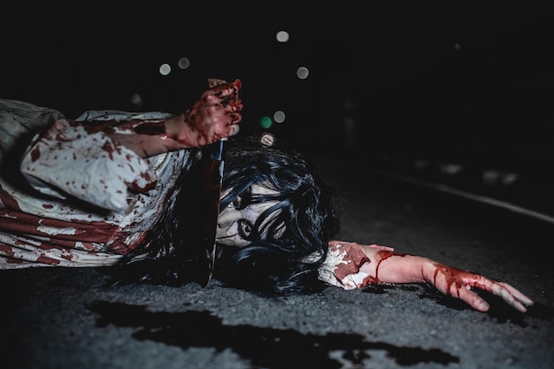 Concept de mujer de horror Fantasma en la carretera de la ciudad Un espíritu vengativo en la calle de la ciudad Festival de Halloween Hacer cara de fantasma