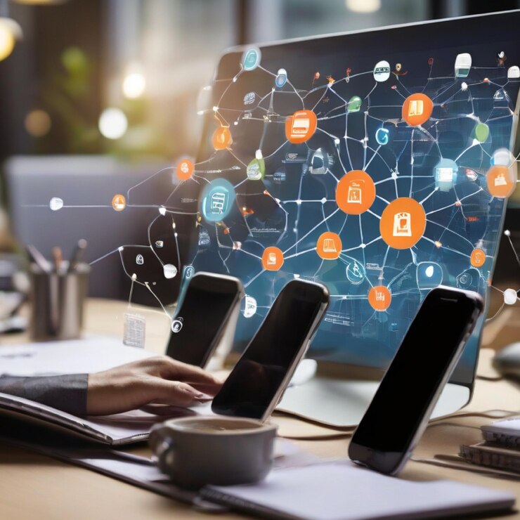 Concept de negocio de trabajo conjunto con teléfono inteligente y portátil y digital