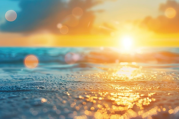 Foto concept de vacaciones de verano concept de playa borrosa abstracta con fondo de amanecer de cielo amarillo y azul