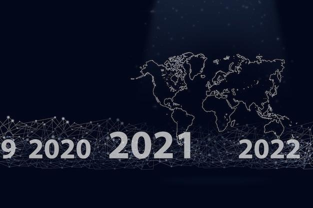 Concepto 2021. Mapa mundial con golograma virtual año 2021 y línea digital sobre fondo azul oscuro