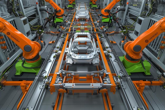 Concepto 3D de fábrica de automóviles con línea de ensamblaje automatizada de brazos robóticos