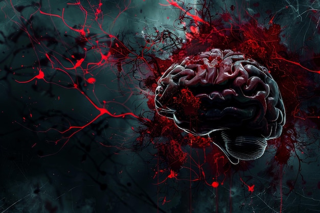 Concepto abstracto del cerebro humano con conexiones neuronales rojas en un fondo oscuro