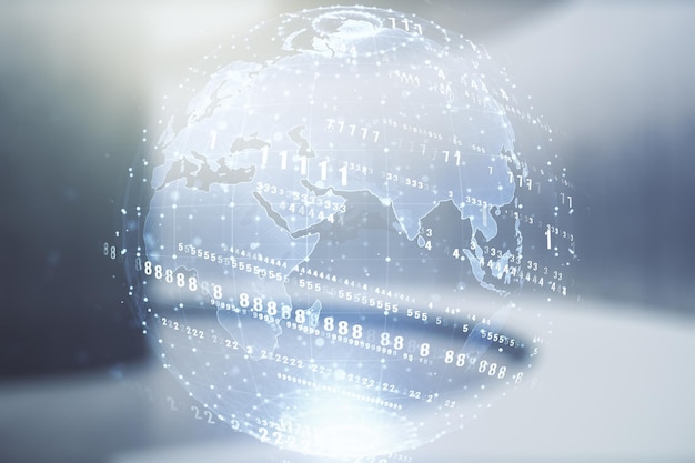 Concepto abstracto de codificación virtual y holograma de mapa mundial en el fondo vacío de la oficina corporativa Multiexposición