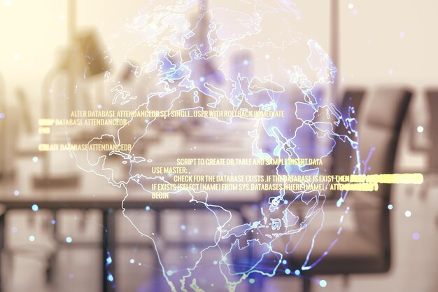 Concepto abstracto de codificación virtual y holograma de mapa mundial en un moderno fondo de oficina amueblado Multiexposición