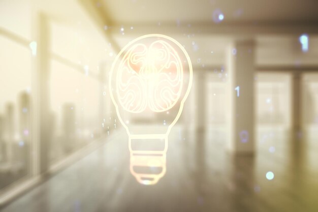 Foto concepto abstracto de idea virtual con bombilla e ilustración del cerebro humano en el fondo de la oficina corporativa vacía redes neuronales y concepto de aprendizaje automático multiexposición