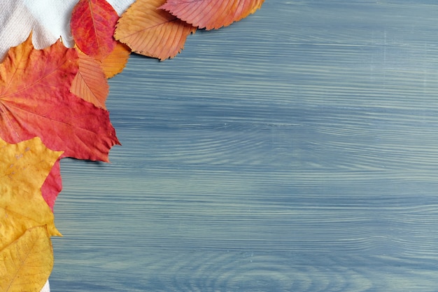 Concepto abstracto de otoño de hojas secas y fondo de madera