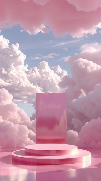 Concepto abstracto de podio rosado con nubes espumosas Diseño soñador y fantástico para la exhibición de productos