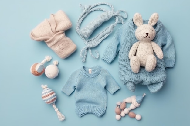 Concepto de accesorios para bebés Foto de vista superior de ropa de bebé con espacio vacío