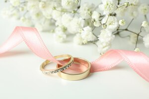 Foto concepto de accesorios de boda con anillos de boda sobre fondo blanco.