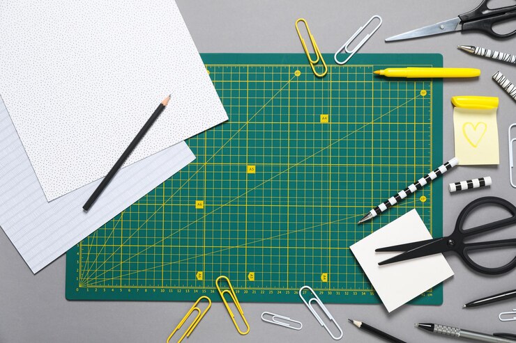 El concepto de accesorios para cortar tapetes de patchwork.