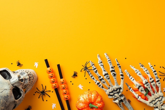 Concepto de accesorios de fiesta de Halloween Foto de vista superior del esqueleto del cráneo manos calabazas arañas pajitas y confeti sobre fondo naranja aislado con copyspace