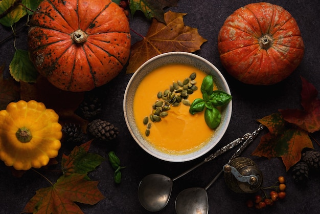 Concepto de acción de gracias con calabaza, sopa de calabaza y hojas caídas, vista superior