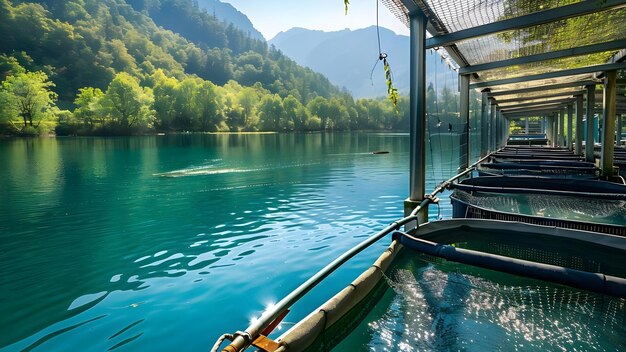 Foto concepto de acuicultura sostenible en una granja de peces concepto de acuacultura sostenible en la cría de peces conjunto de aguas tranquilas conservación del medio ambiente industria pesquera